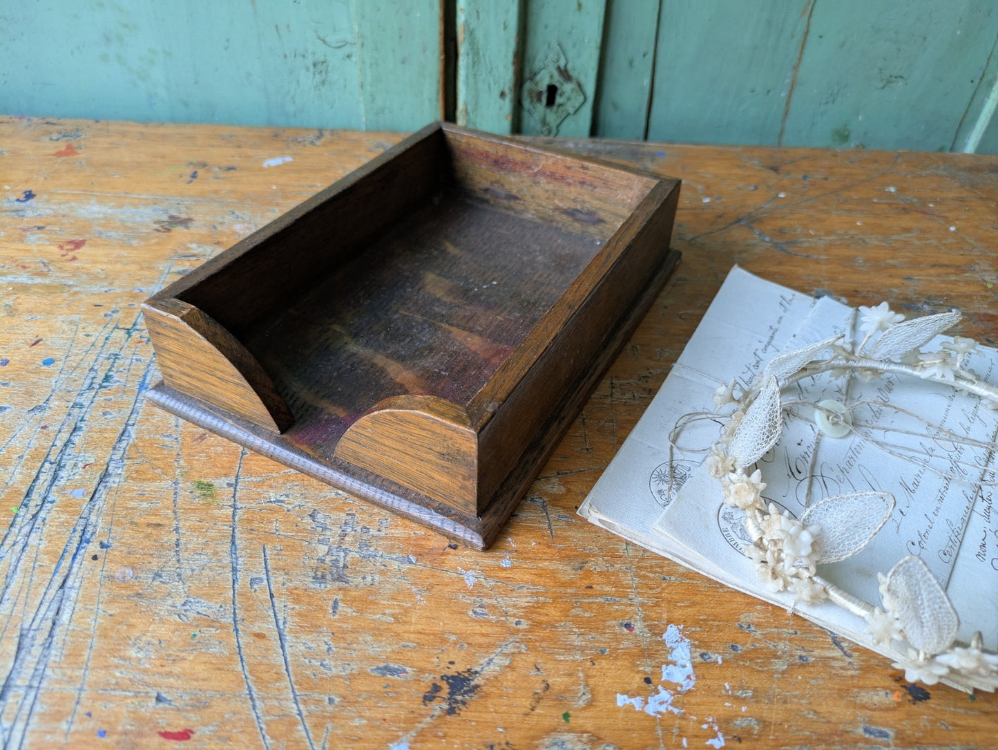 Antique Wooden Desk Filing Tray Paper File Storage 1920s Corners Early VTG Oak.