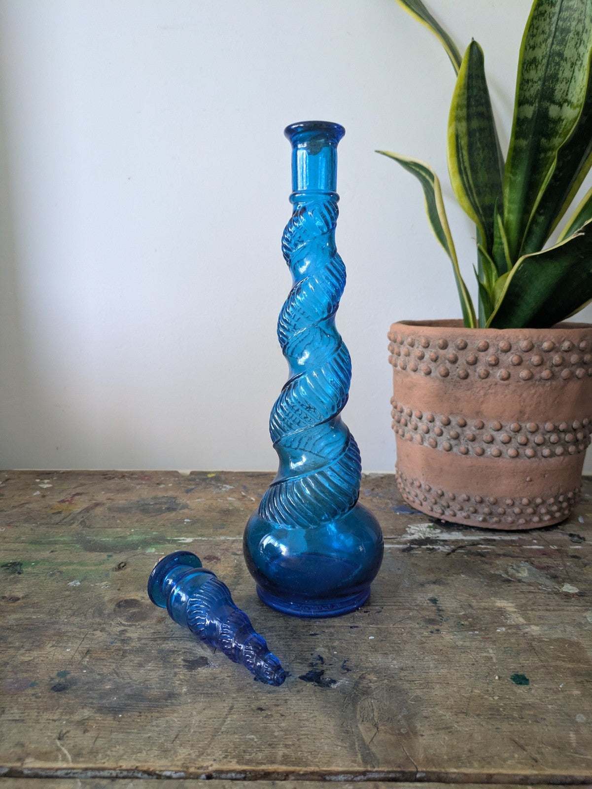 Vintage Genie Decanter Blue Spiral Glass French 1960s Depose Bottle 70s Stopper