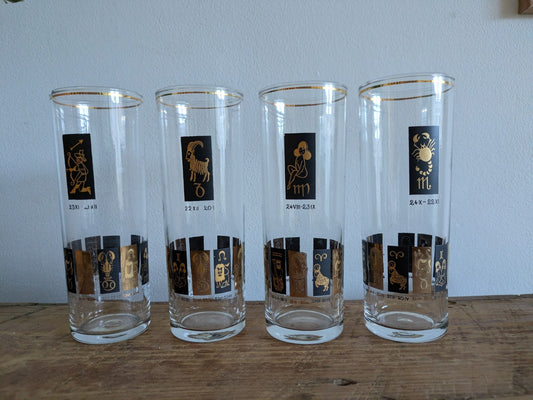 Set Of 4 Vintage Zodiac Horoscope Highball Glasses Gold Made In England MCM Vgc