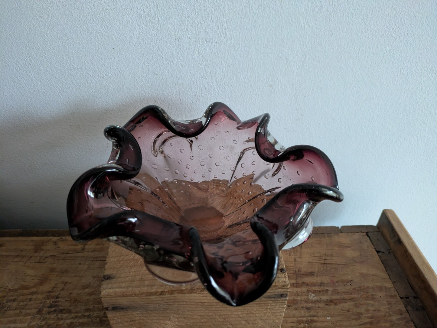 Vtg Murano Art Glass Amethyst Purple Bullicante Controlled Bubble Ashtray Bowl