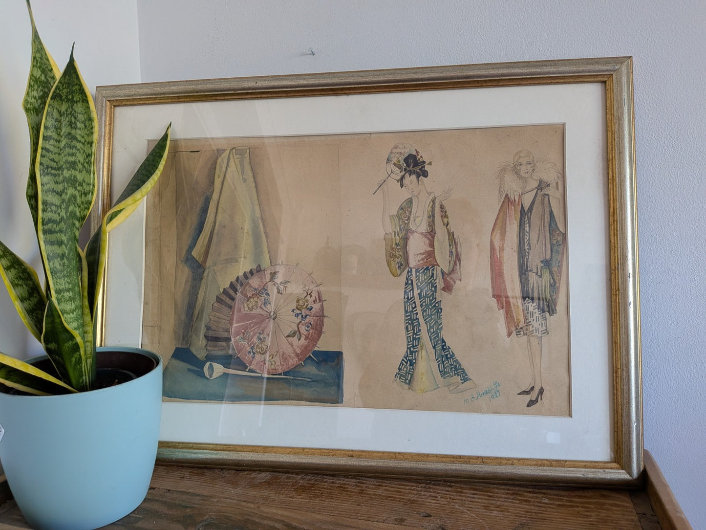 Original Fashion Design Drawing Painting 1920's Signed Hinchliffe Oriental Asian