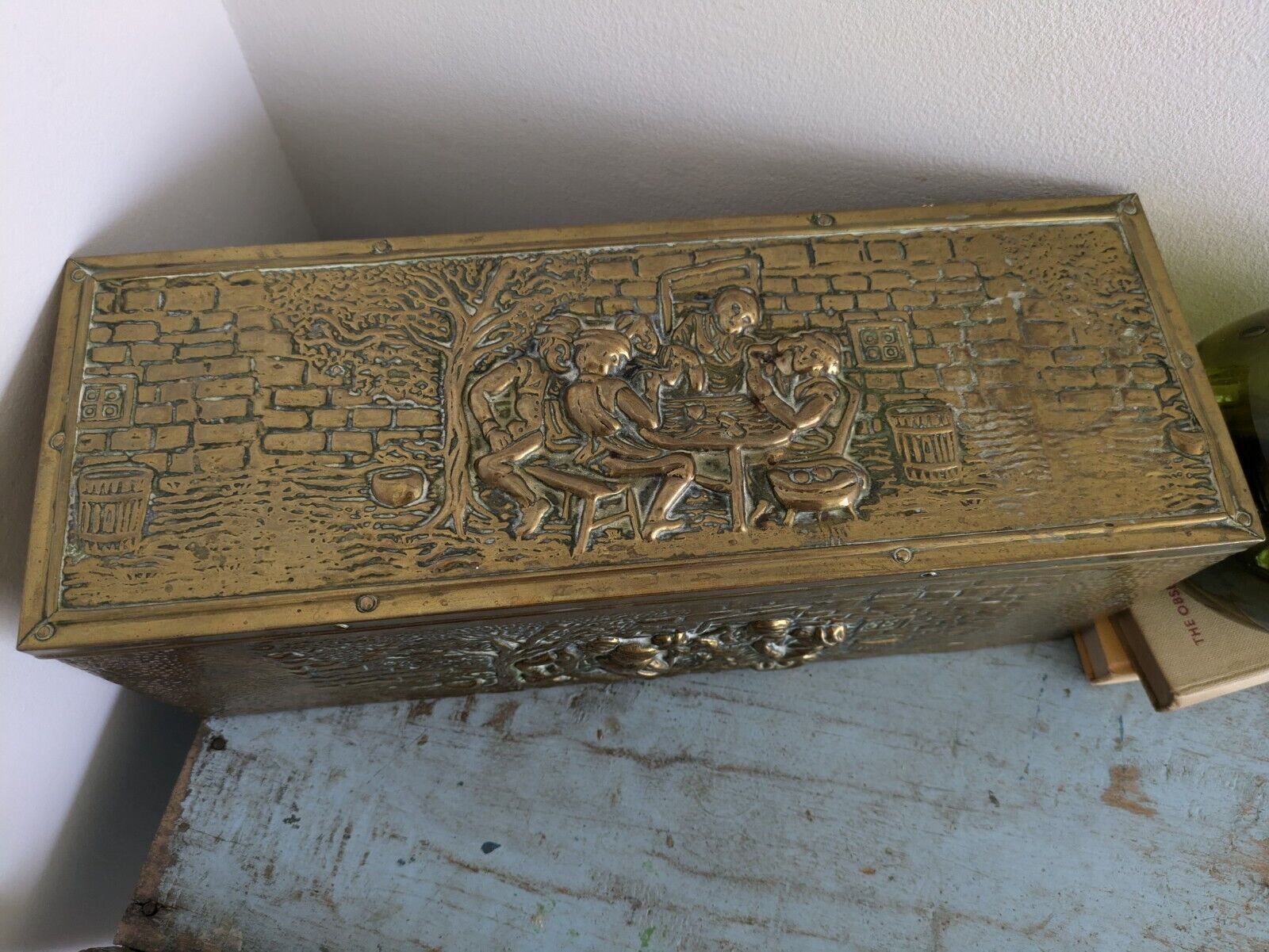 Antique 19th Century Vintage Embossed Brass and Wood Slipper Box Narrow Storage 