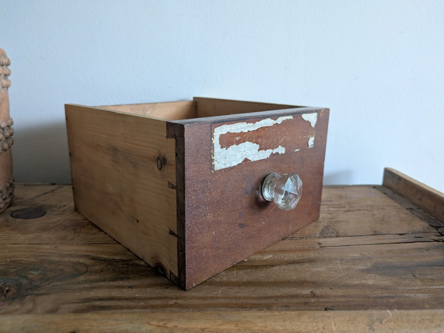 Antique Apothecary Cabinet Wood Drawer Glass Knob Victorian Vtg Single Chemist 