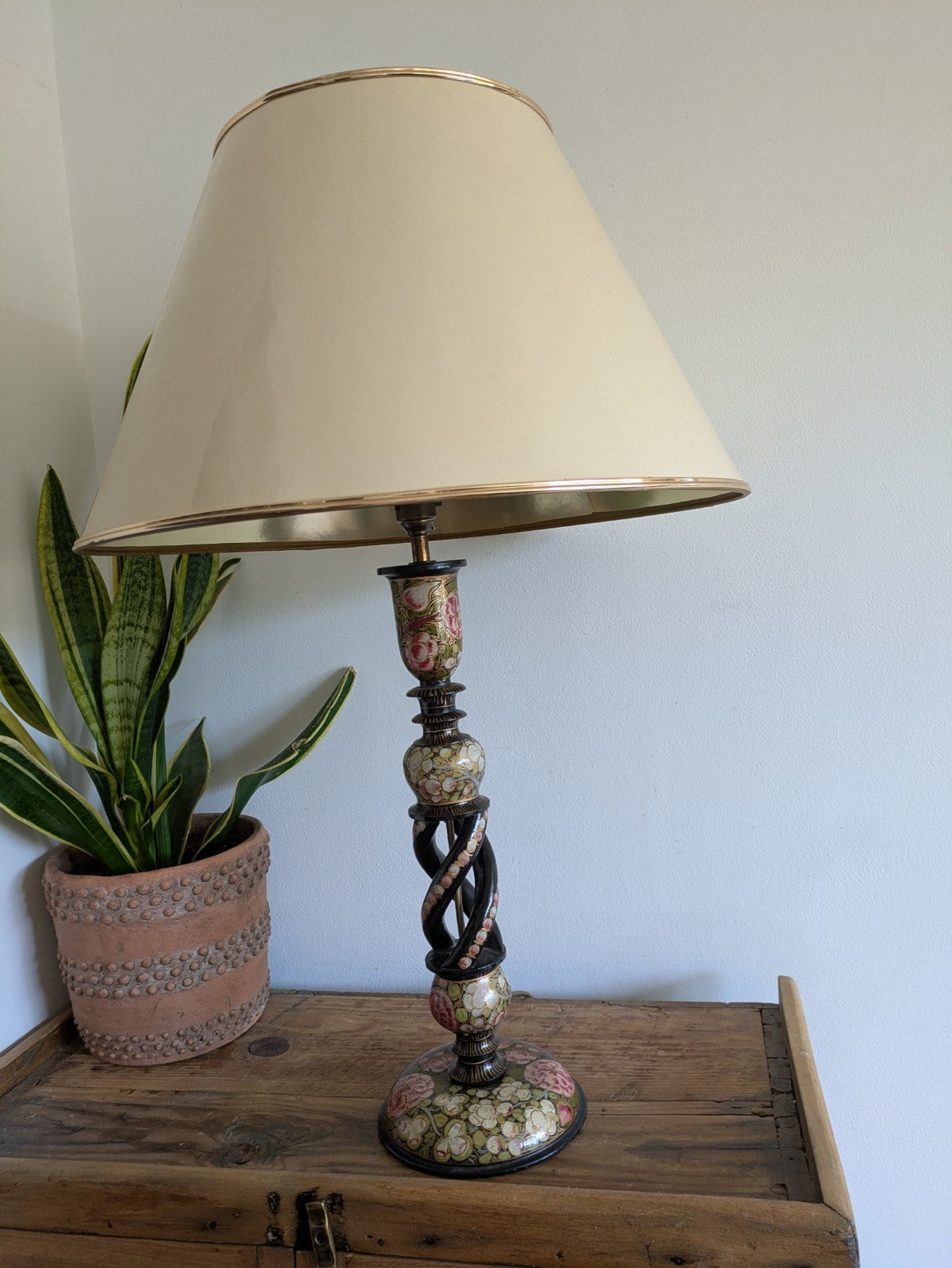 19th C Lamp Vintage Kashmiri Indian Lacquer Papier Mache Gilded Flower Cloisonne
