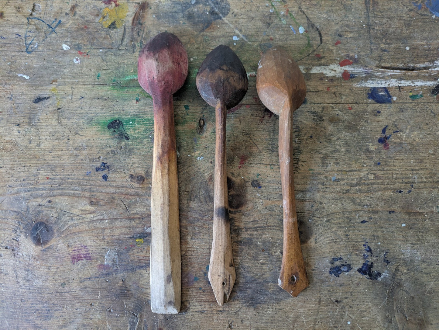 OLD ANTIQUE PRIMITIVE WOODEN HANDMADE LONG RARE CARVED SPOONS PADLE - LOT OF 3.