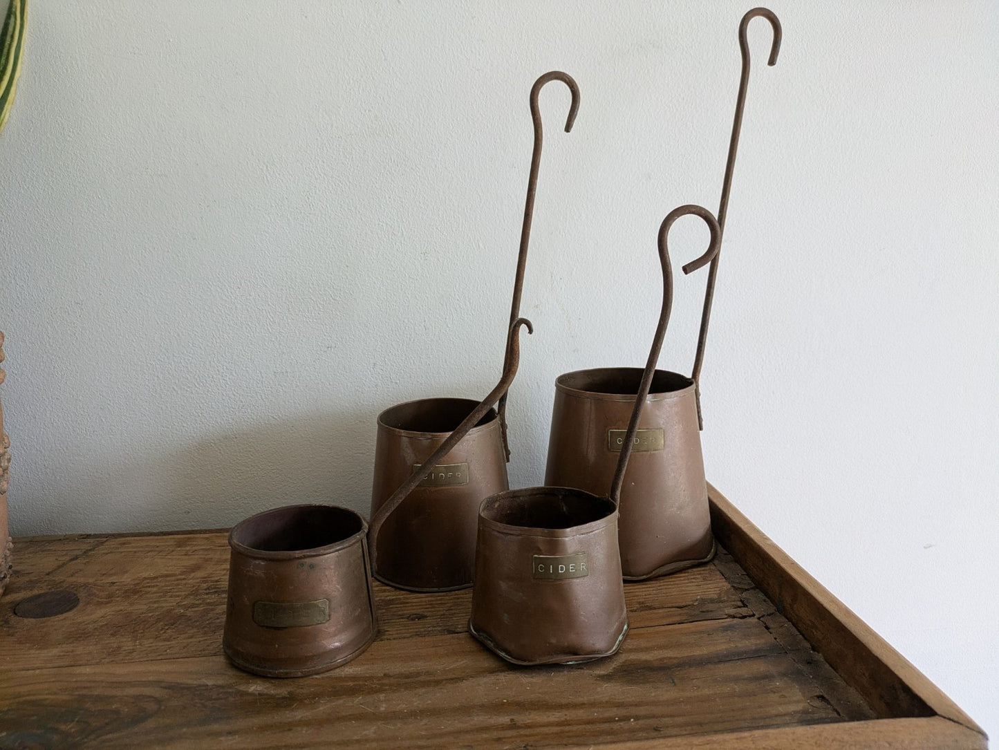 Antique Set of 4 Copper Cider Measures Long Iron Handled Ladles Jugs Cups Vintag
