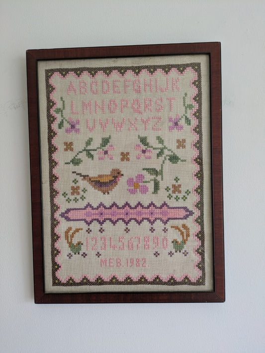 Vintage 1982 Sampler Cross Stitch with Pink Flowers & Birds Framed Handmade Vgc