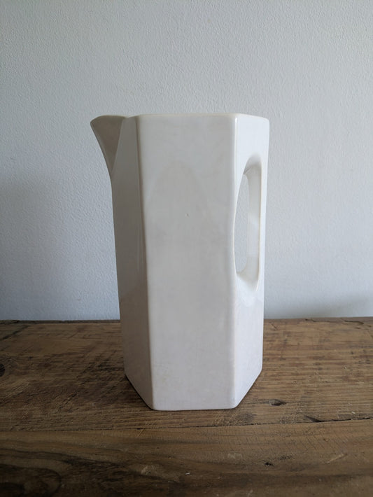 Vintage Deco White Ceramic Pitcher Jug Inset Handle Hexagonal Pitcher Crazed Vgc