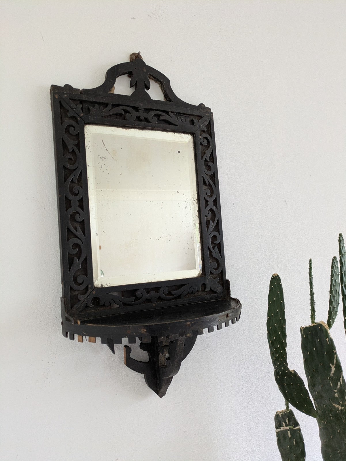 Antique 19th Cent Victorian Ebonised Wood Wall Sconce Mirror Glass Candle Shelf