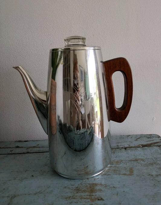 Vintage SONA J121 Coffee Pot Percolator Chrome Wood Handle Complete 70s Prop