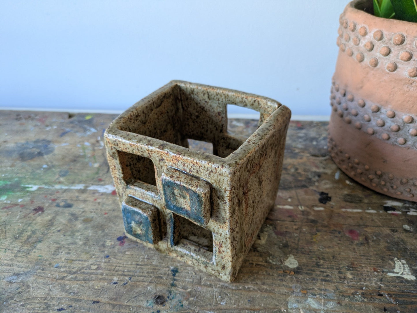 Vintage Retro AGR 1973 Glazed Cube Ceramic Plant Pot Brutalist Mid Century Vgc