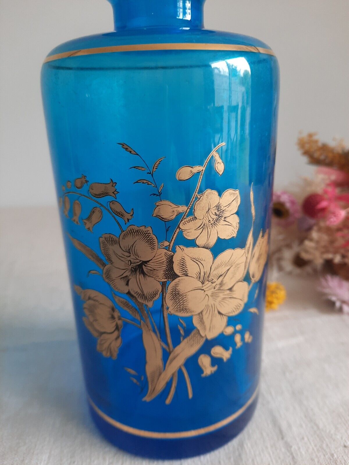 Retro Cobalt Blue Glass Decanter with Floral Gilt Decor Bottle Vase Prop Vtg Old