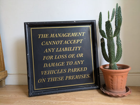 Vintage Large Metal Pub Sign No Liability Valuables Dining Car Park Black Square