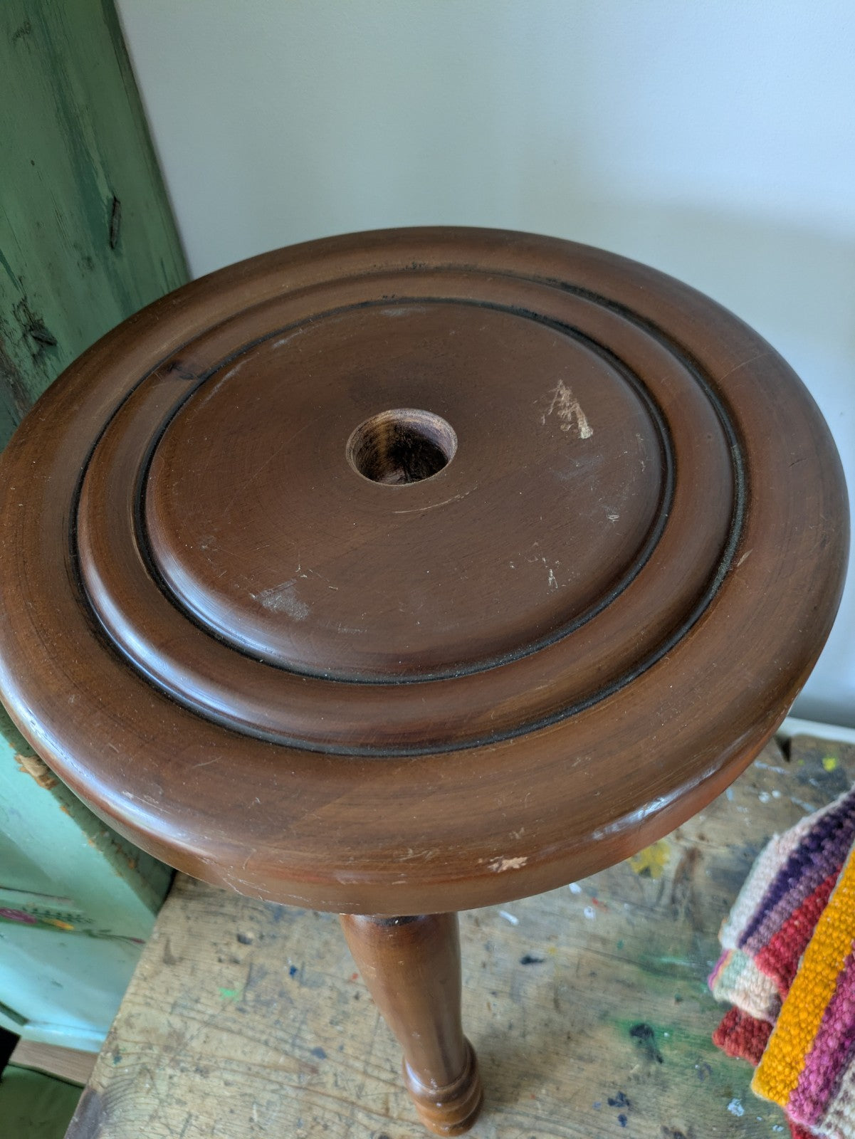French Rustic Bullseye Stool With Bobbin Screw On Legs Tripod Seat Wooden Vintag