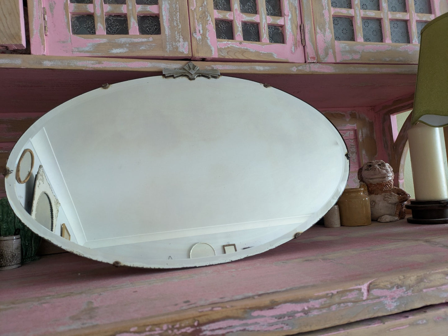 Art Deco Bevel Edge Wall Mirror Frameless & Chain Bevel Edge Oval Vintage Finial