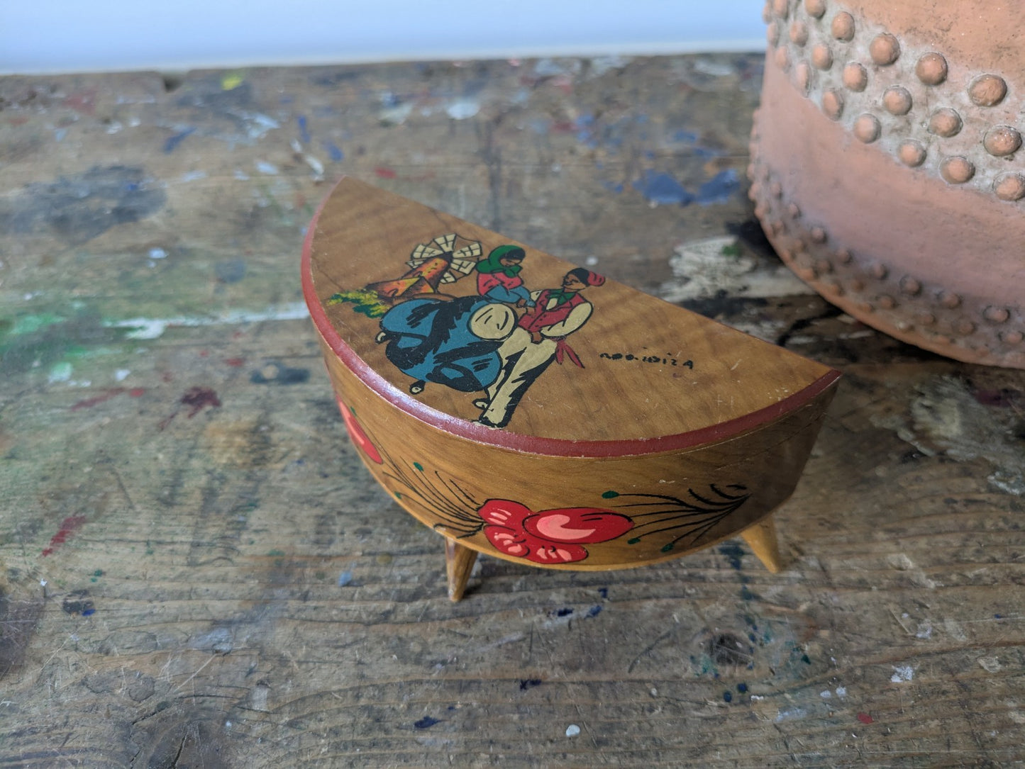 Trinket Jewelry Box Mallorca Ibiza Wood Dancers Lined Mirror Vtg Demilune Prop