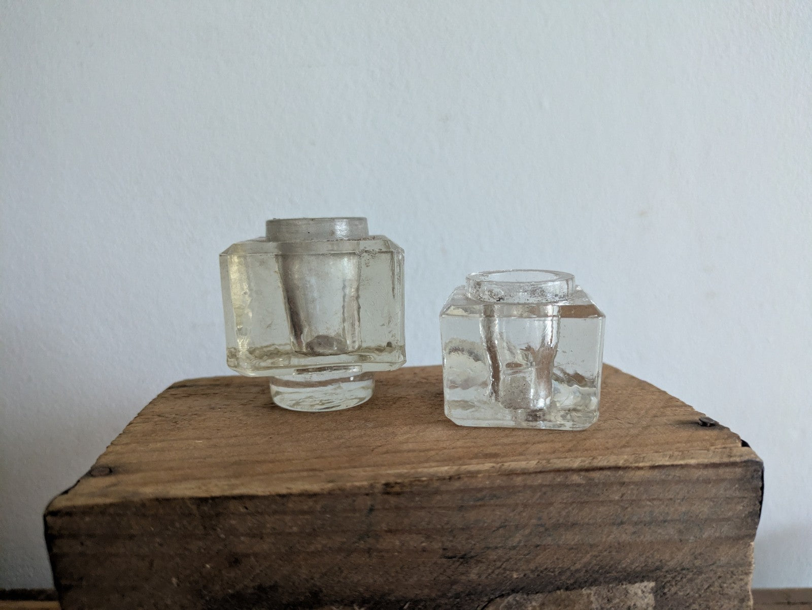 2x Antique Glass Ink Well Desk Study Display C.1900 Prop Edwardian Cube Pair Old