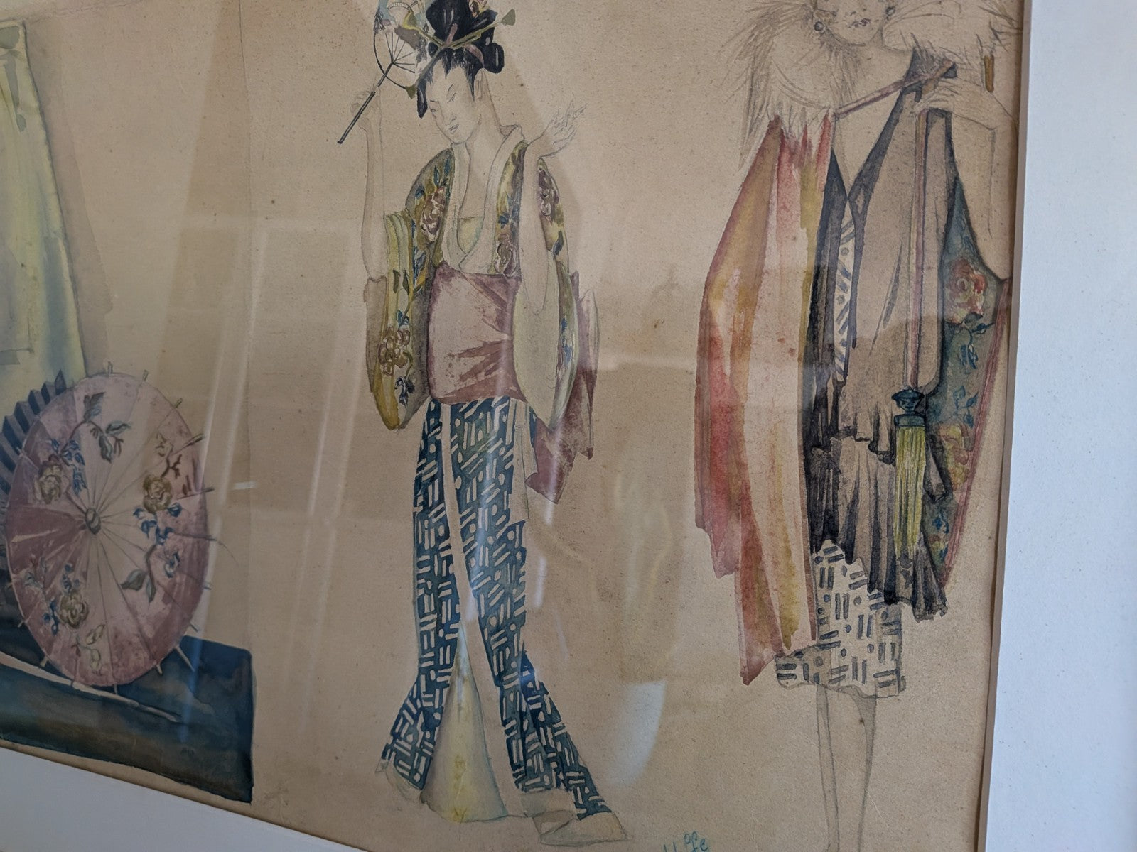 Original Fashion Design Drawing Painting 1920's Signed Hinchliffe Oriental Asian