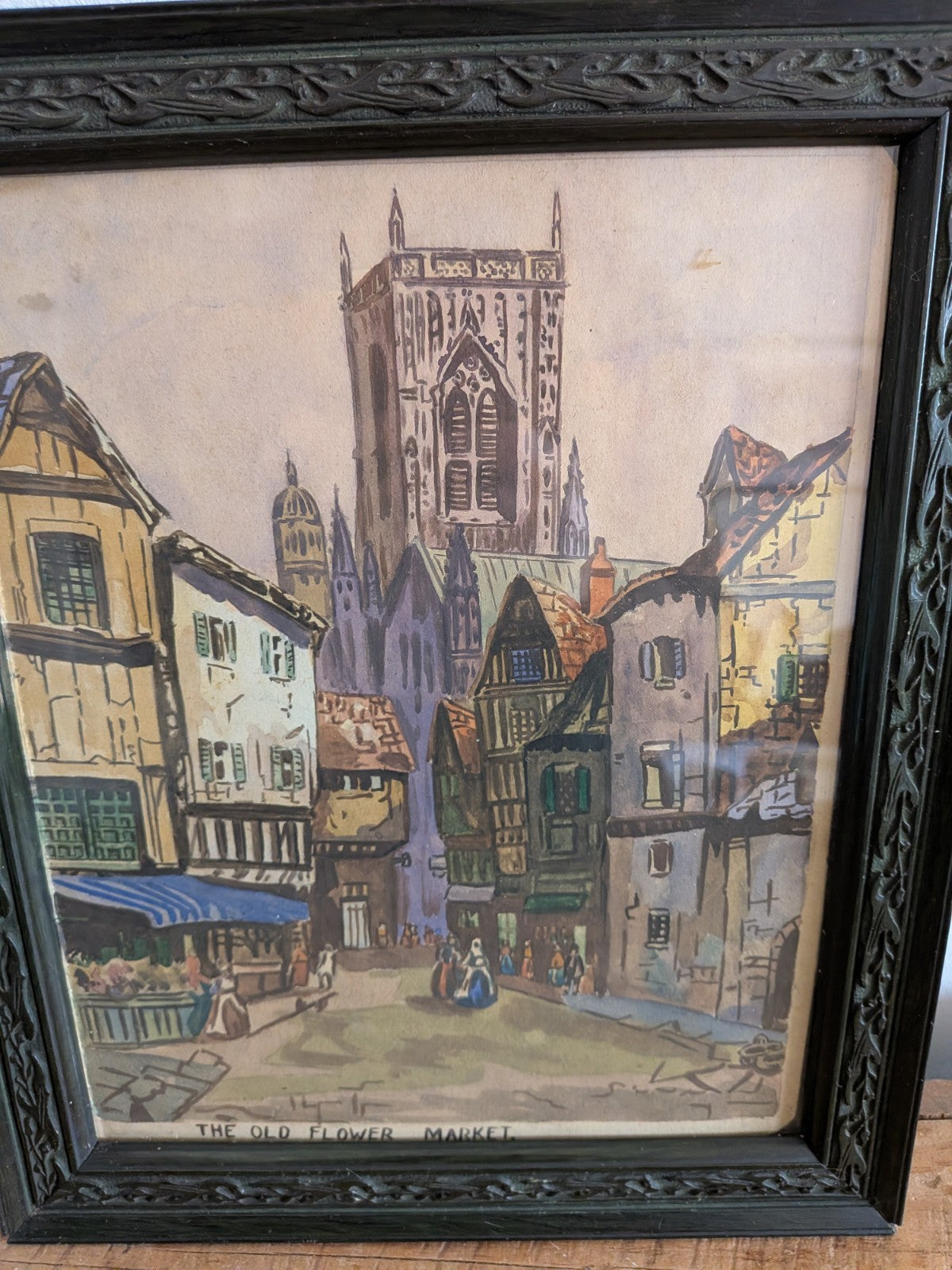 Antique Artist Signed Watercolour Old Flower Market Ornate Frame Green Original 
