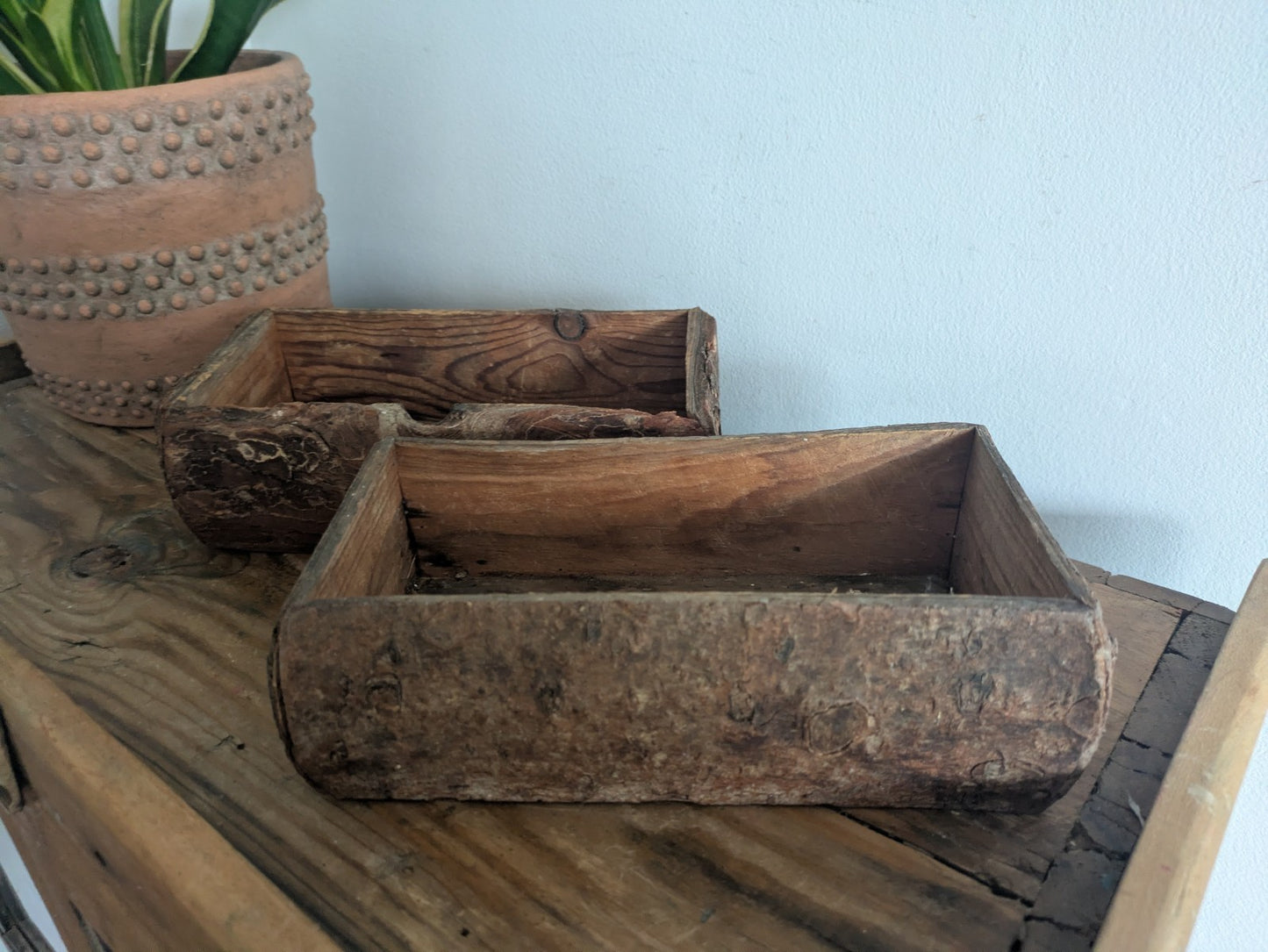 Pair Of Reclaimed Rustic Wood Handmade Box Planter Centerpiece Log Farmhouse Vgc