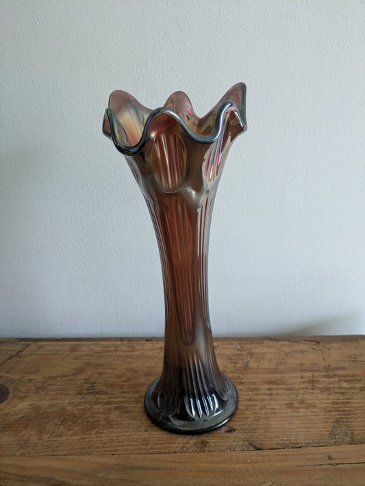 Vintage FENTON 27.7cm H Amethyst Iridescent GLASS Frilled Rim VASE Diamond Rib