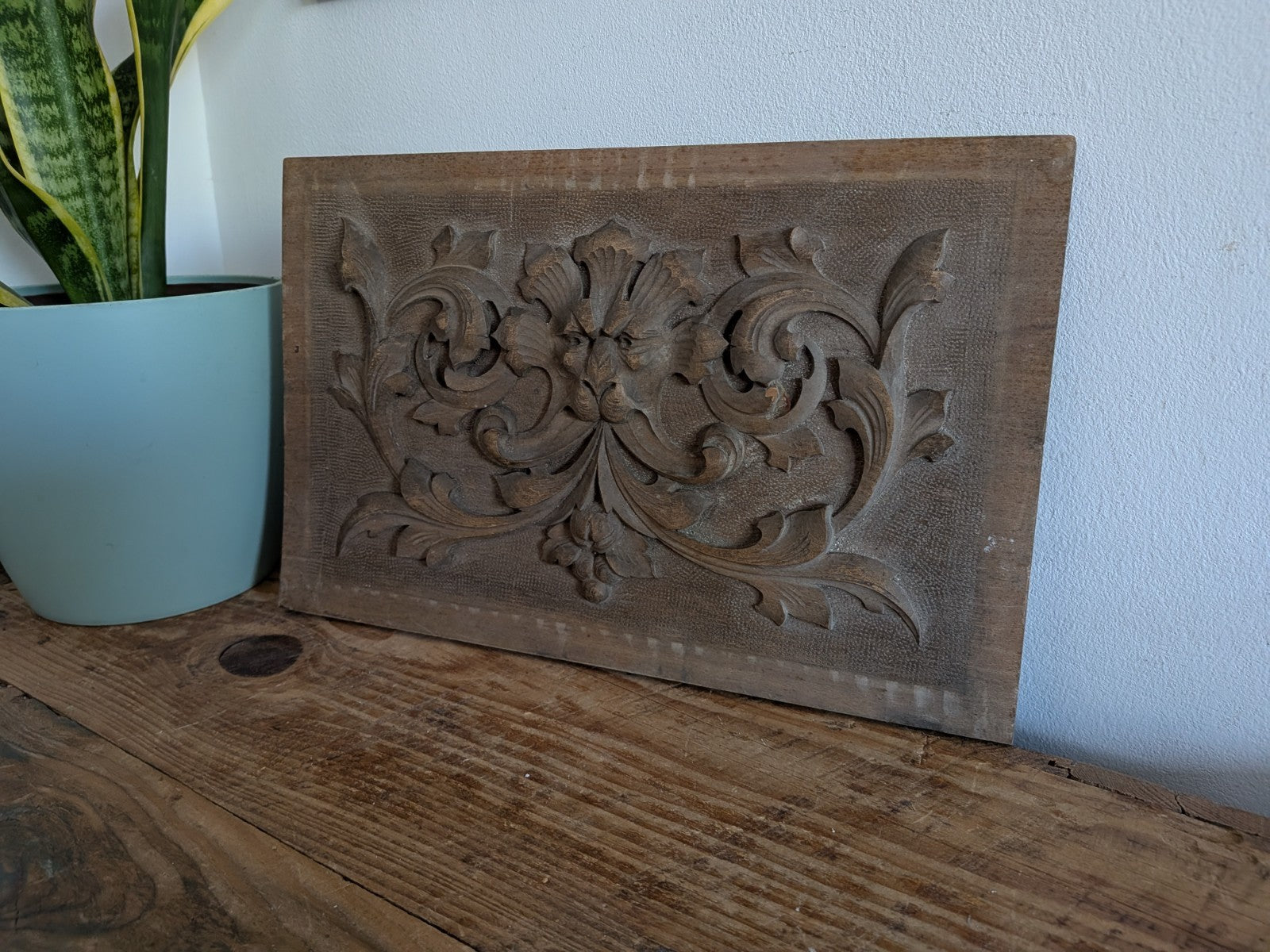Antique Carved Wooden Panel Plaque Old Wood Victorian Green Man Head Face Scroll