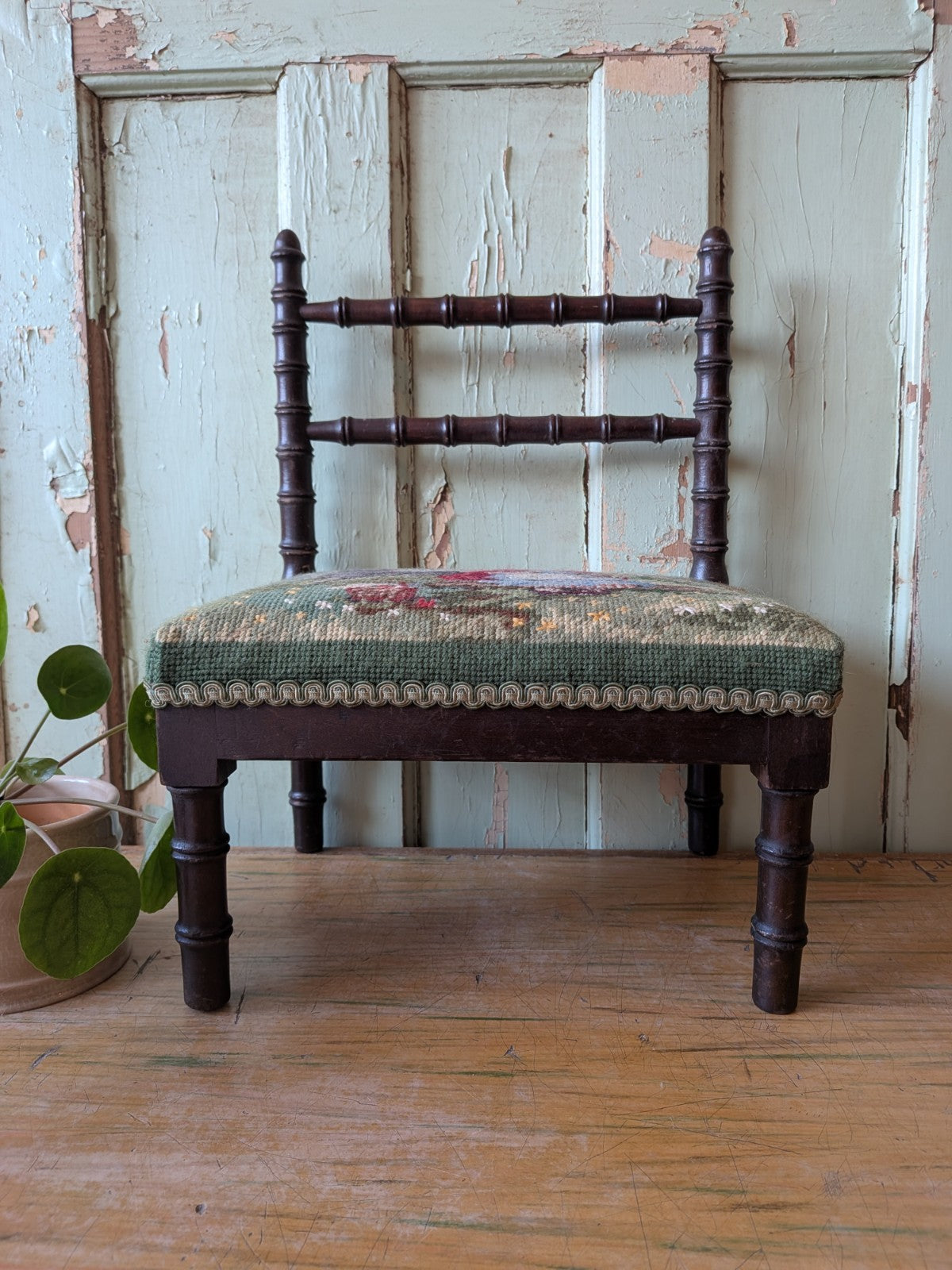 Antique Bobbin Faux Bamboo Childs Chair Apprentice Tapestry Seat Red Riding Hood