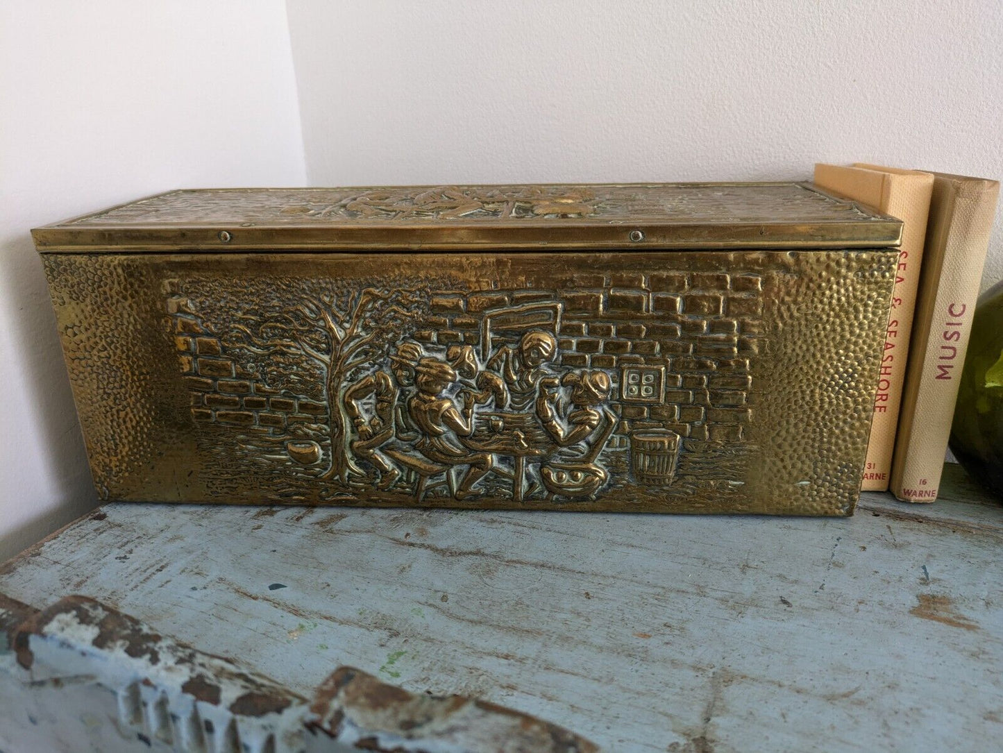 Antique 19th Century Vintage Embossed Brass and Wood Slipper Box Narrow Storage 