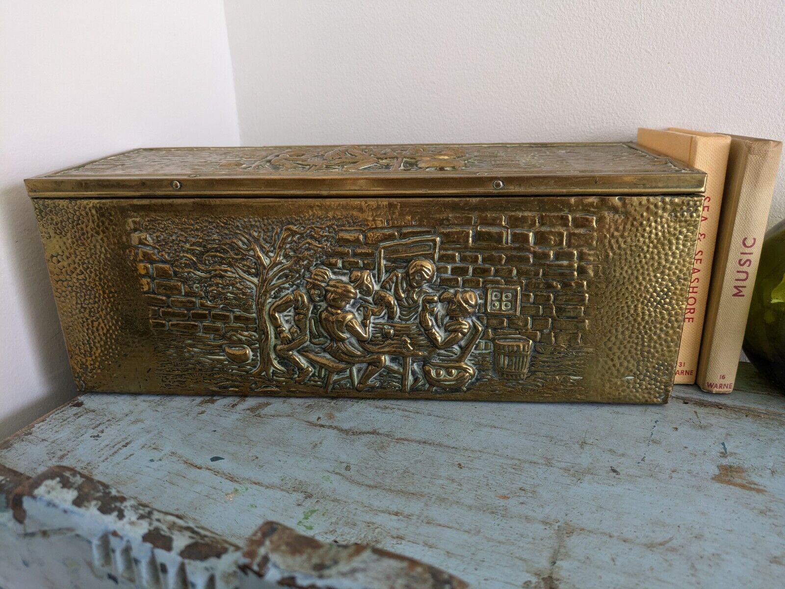 Antique 19th Century Vintage Embossed Brass and Wood Slipper Box Narrow Storage 