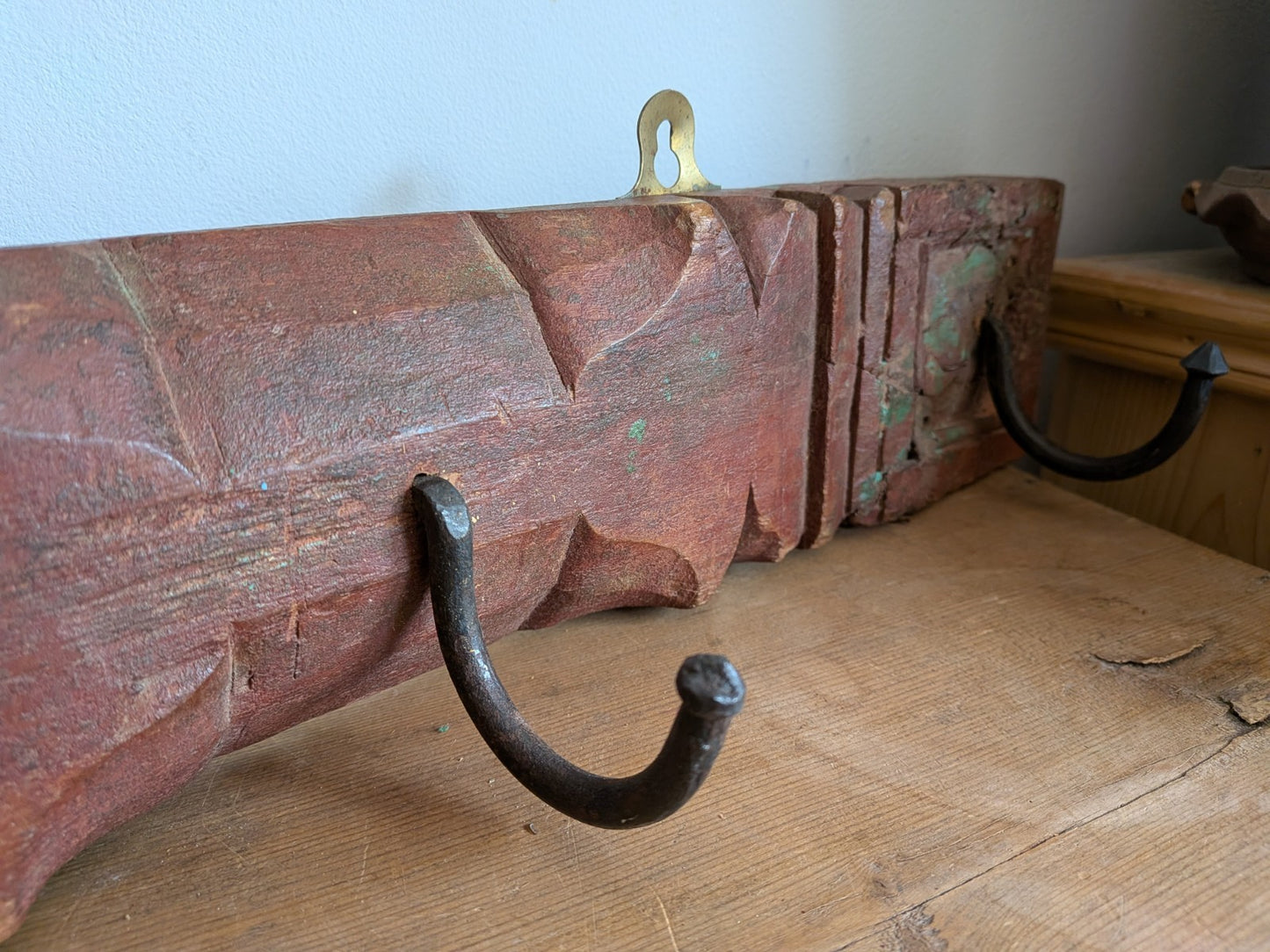 Antique Indian Painted Teak Wood Coat Hook Panel Salvaged Iron Hooks Vintage Vgc