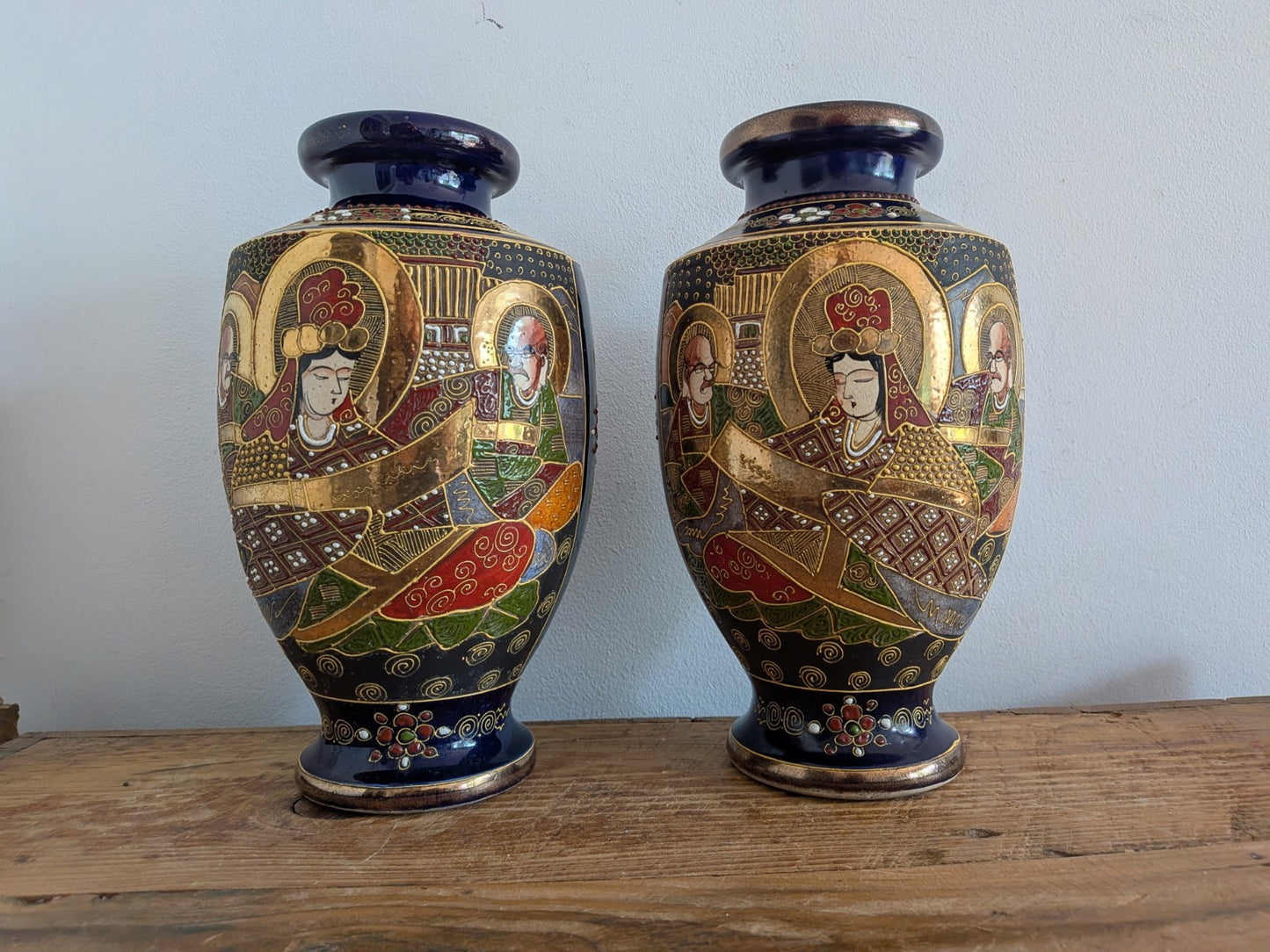 Pair Antique Early 1900s Satsuma Moriage Oriental Vase / Made in Japan Blue Vgc