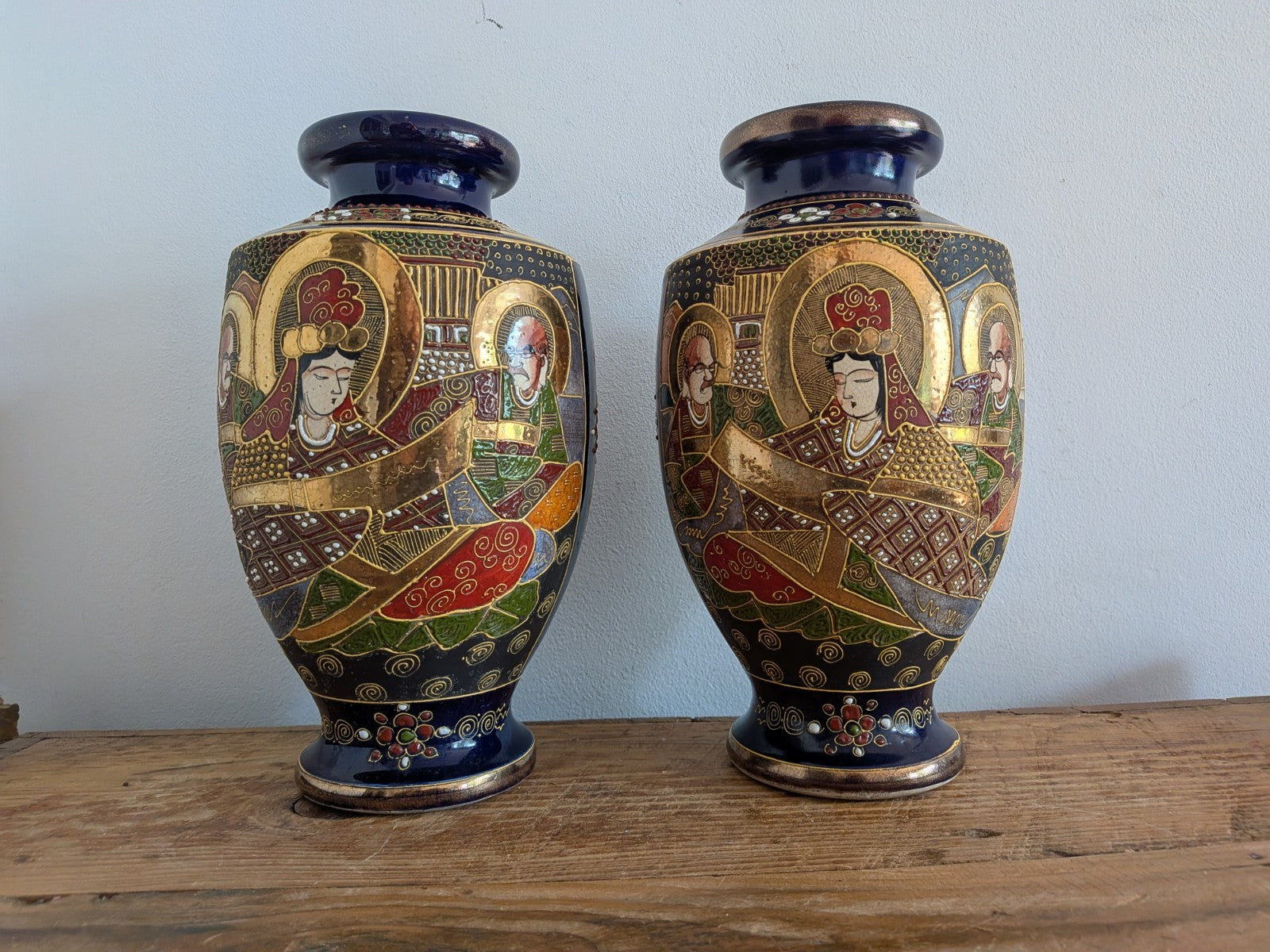 Pair Antique Early 1900s Satsuma Moriage Oriental Vase / Made in Japan Blue Vgc