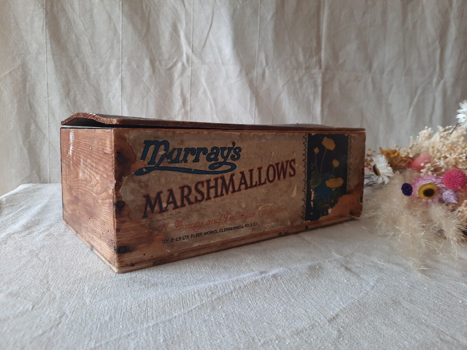 Antique 1920s 1930s Wooden Box Advertising Pine MURRAYS MARSHMALLOWS sweet Shop