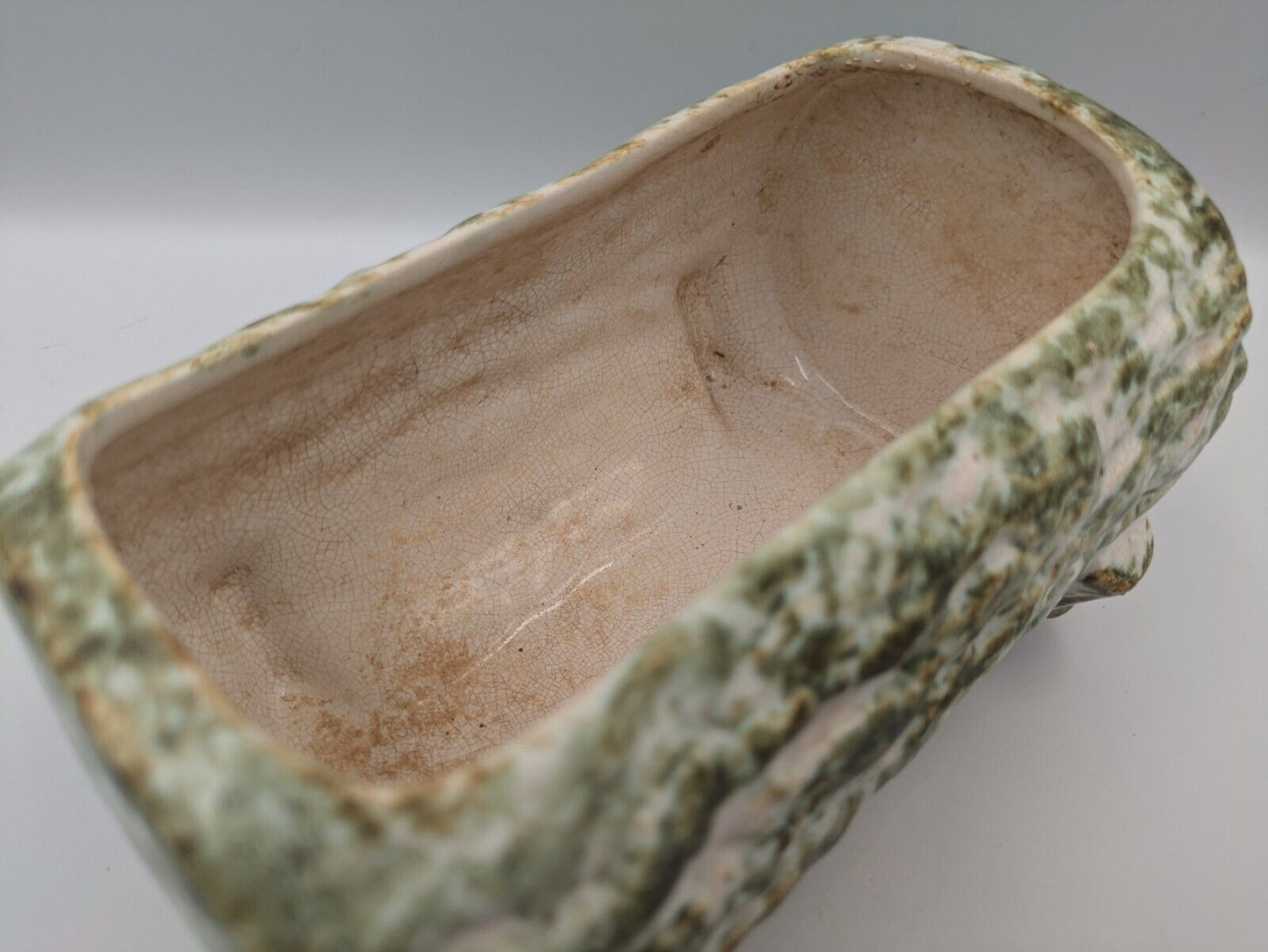 Tree Bark Green Pottery Figural Woodland Glaze Log Planter Vintage Retro Mantle