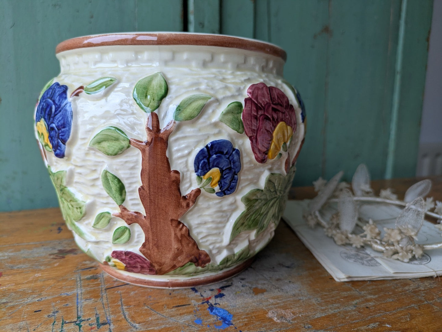 Vintage Plant Pot H J Wood Indian Tree Planter Hand Painted 1930s Colourful Old