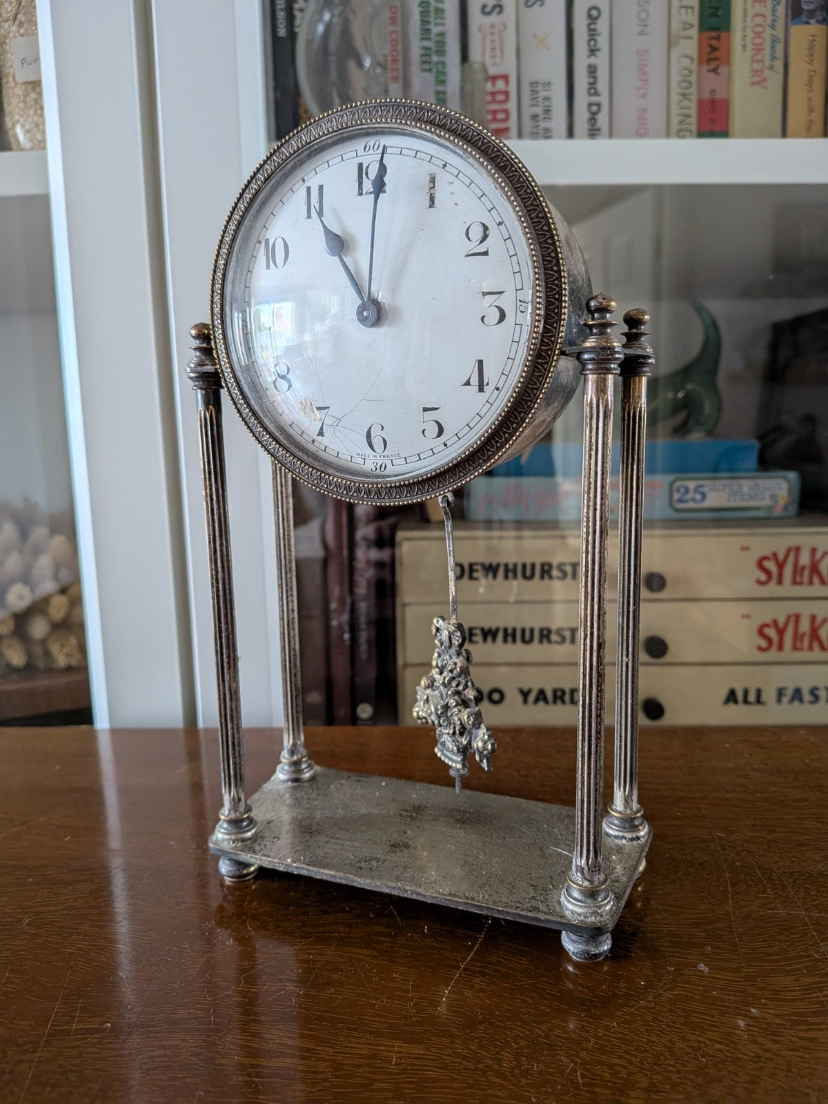 Antique French Portico Drumhead Mantel Clock Pendulum Silver-Plated VTG Art Deco
