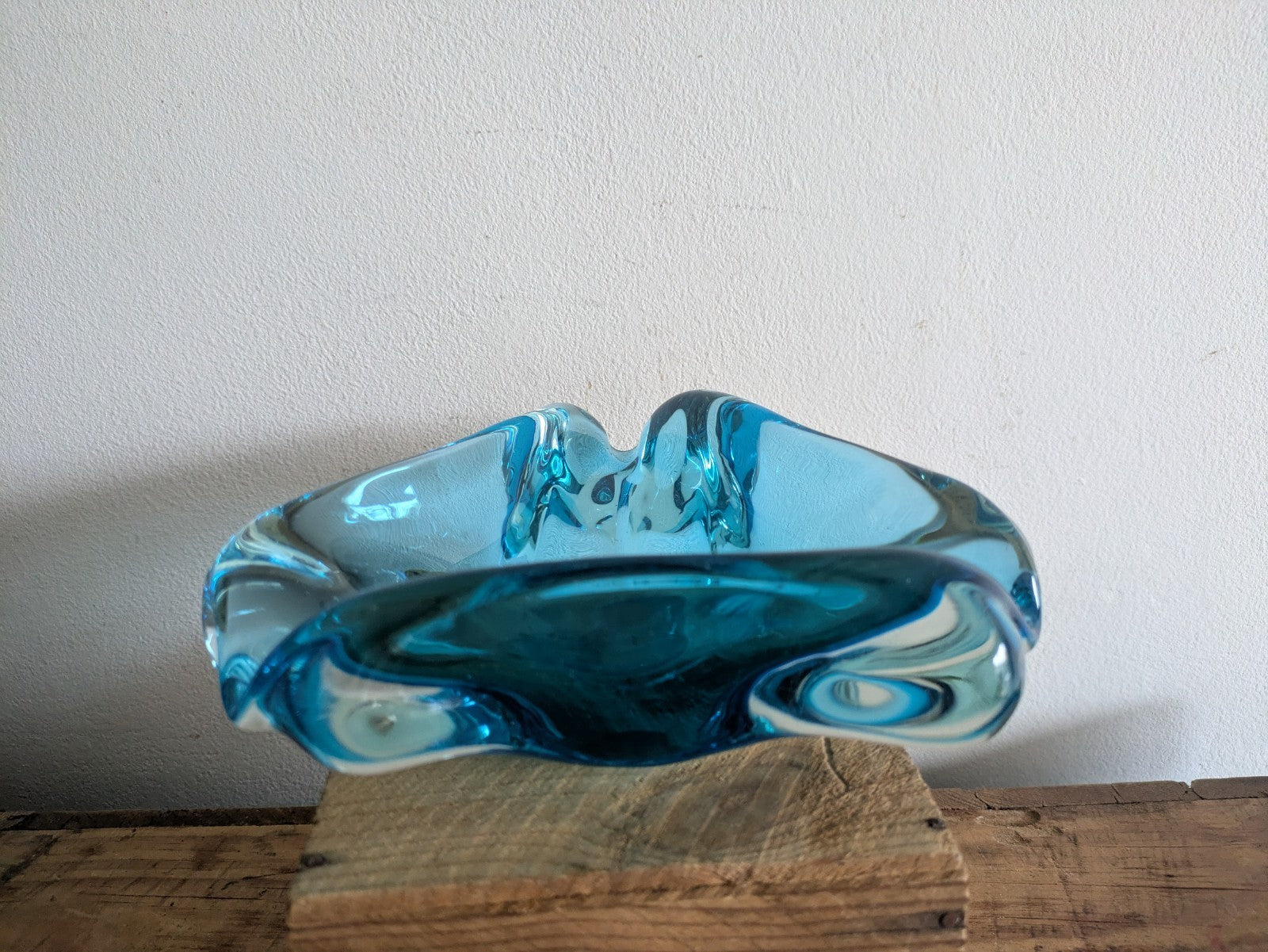 Vintage Murano Turquoise Blue Triangular Art Glass Bowl Ashtray MidCentury Retro