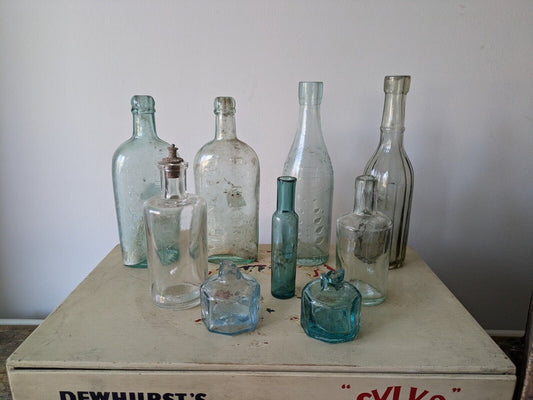 9x Antique Vintage Glass Bottles vase original apothecary Magnesia Vile Decor