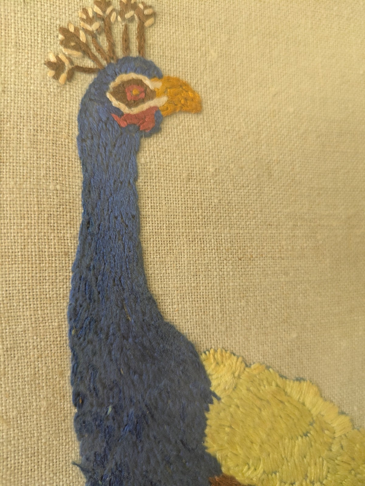 MID CENTURY FRAMED EMBROIDERY PEACOCK ON BRANCH PINK FLOWER LARGE VINTAGE RETRO