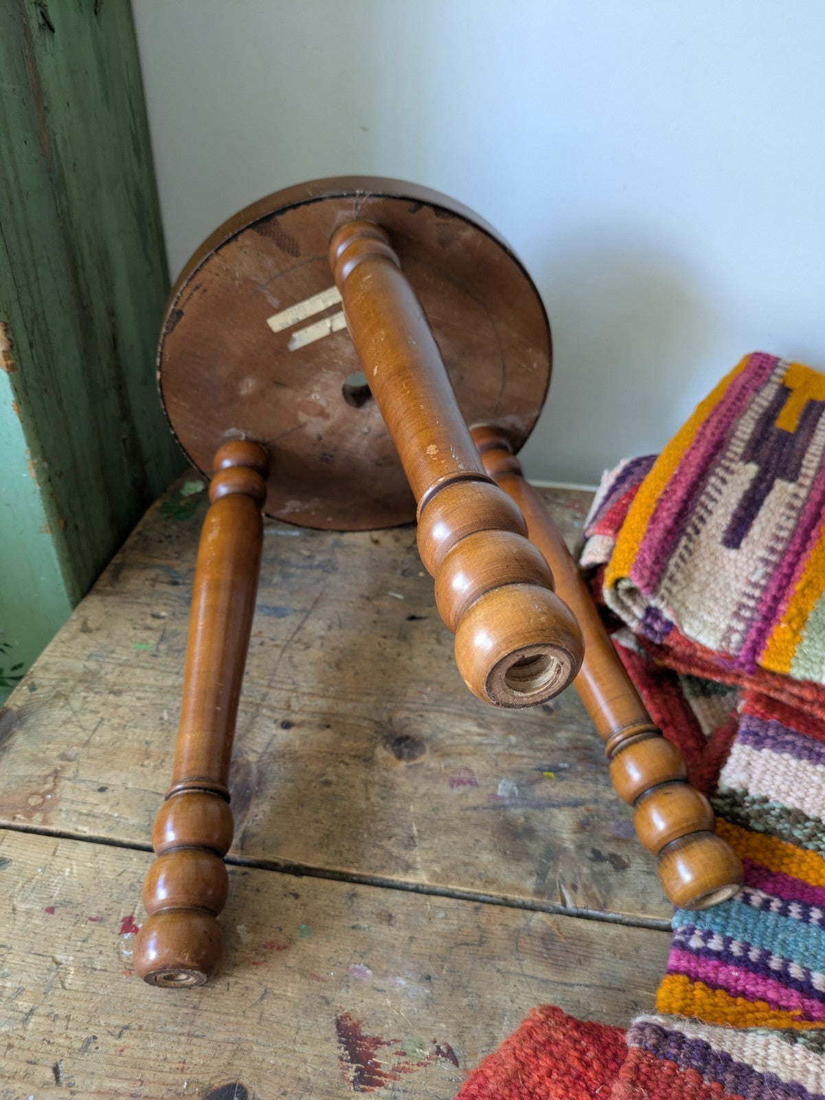 French Rustic Bullseye Stool With Bobbin Screw On Legs Tripod Seat Wooden Vintag