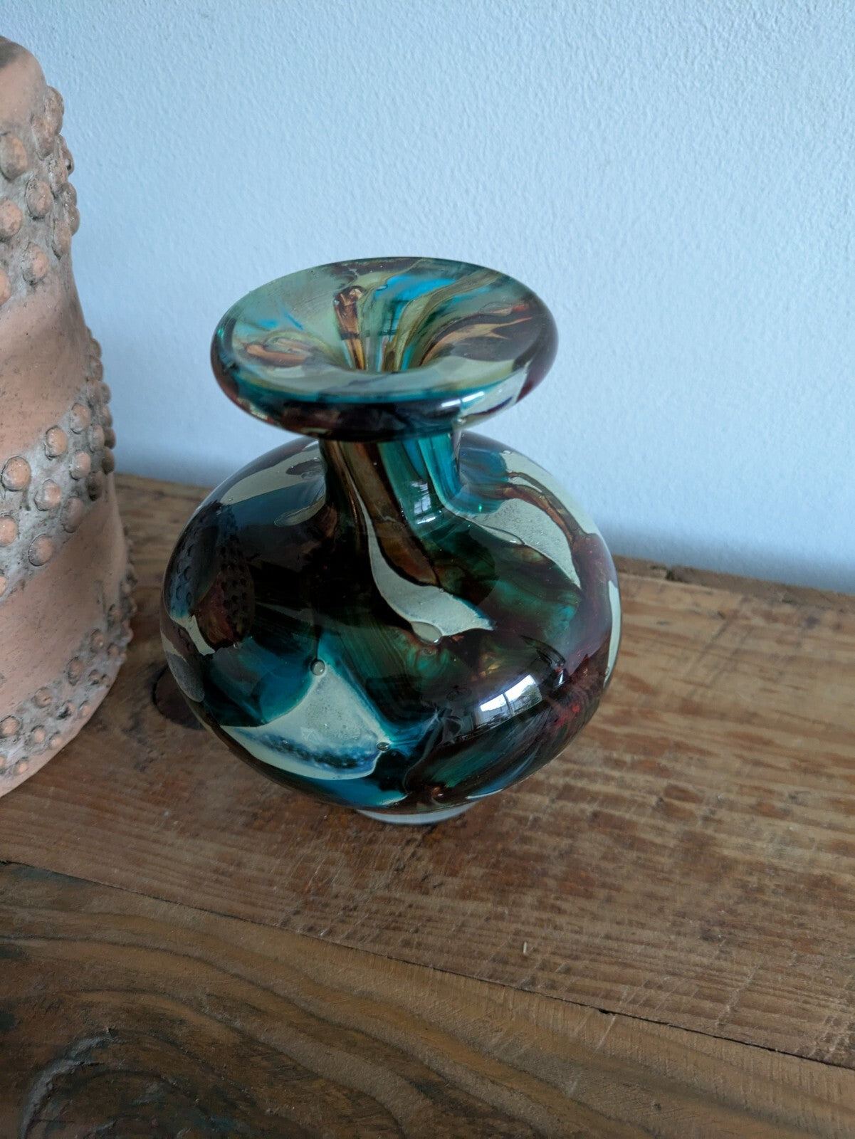 Vintage Mdina Maltese Glass 'Tiger' Pattern Vase Studio Art Retro Blue Brown Vgc