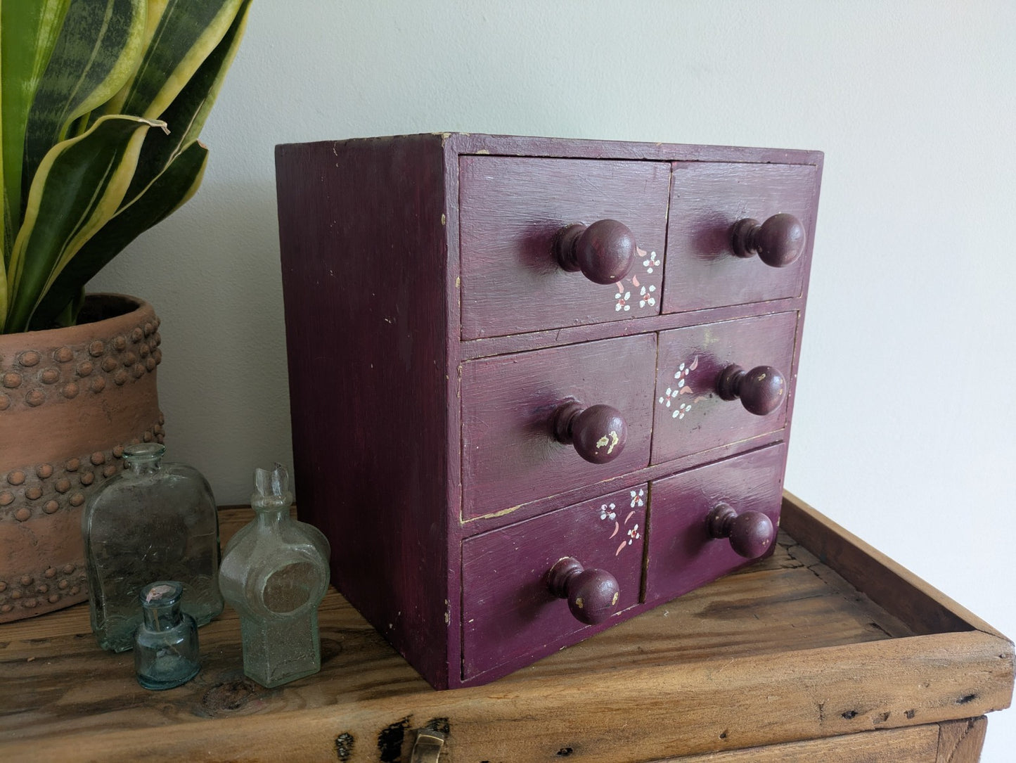 VTG Painted Drawer Office Craft Drawers Table Desk Top Index Work Sewing Purple