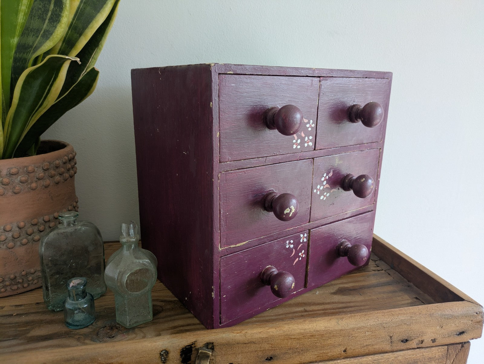 VTG Painted Drawer Office Craft Drawers Table Desk Top Index Work Sewing Purple