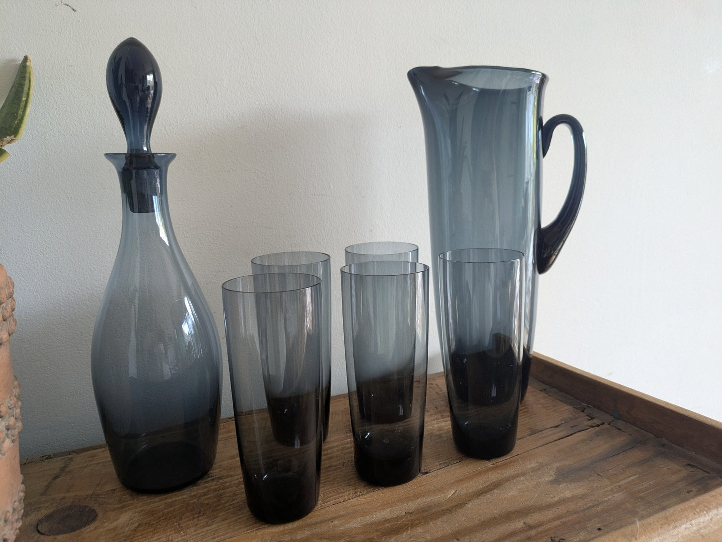 Vintage Italian Smokey Blue Decanter Pitcher Jug Glasses Hand Blown Set Mid Cent