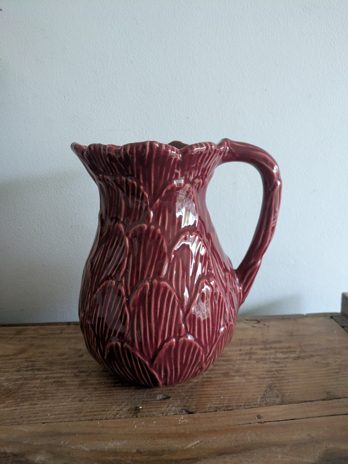 Olfaire Made In Portugal Burgundy Cabbage Majolica Pitcher Vintage MCM Vase Rare