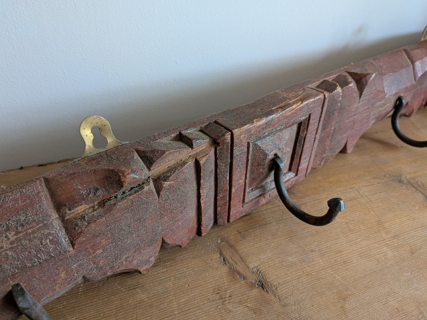 Antique Indian Painted Teak Wood Coat Hook Panel Salvaged Iron Hooks Vintage Vgc