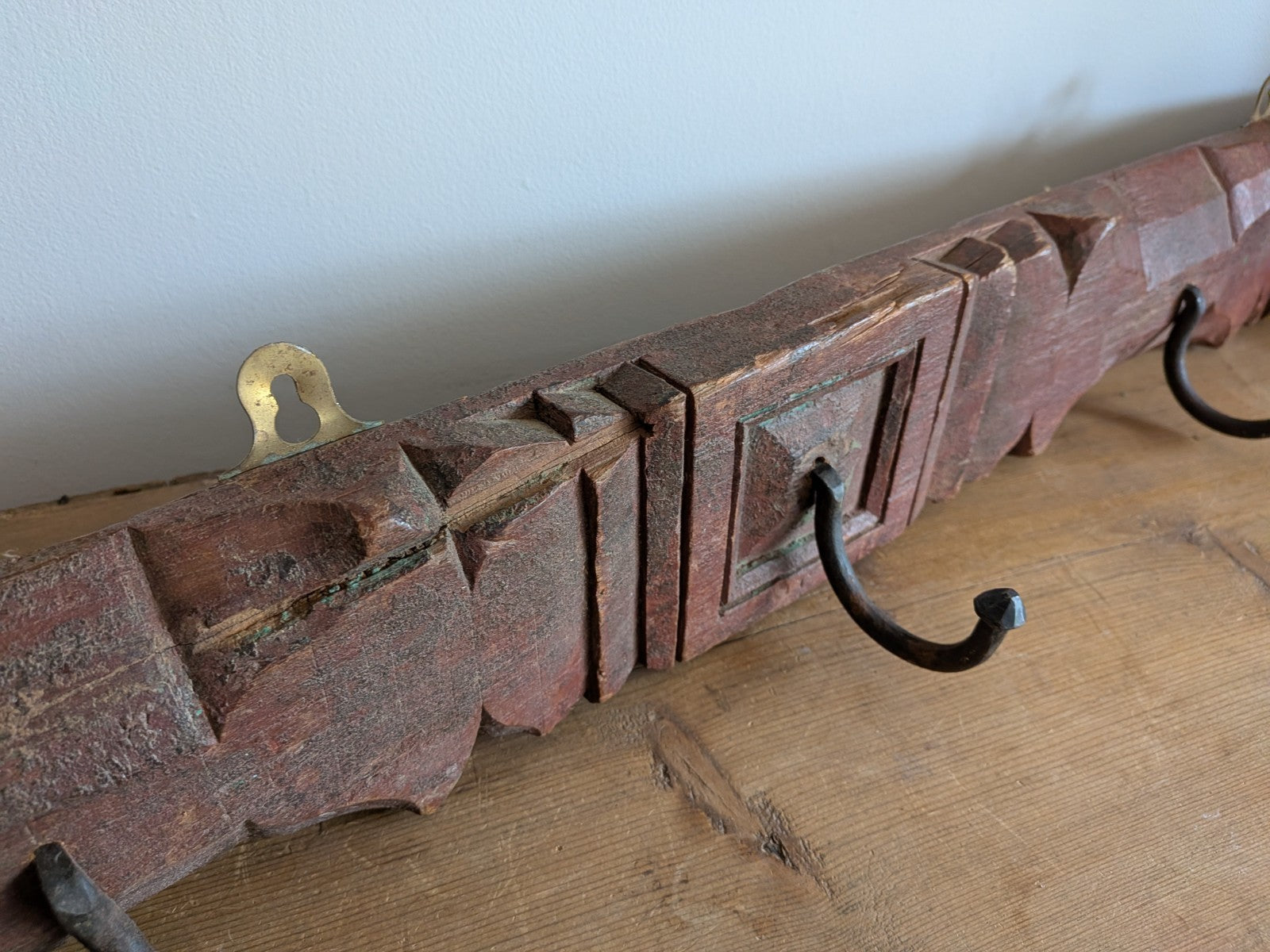 Antique Indian Painted Teak Wood Coat Hook Panel Salvaged Iron Hooks Vintage Vgc