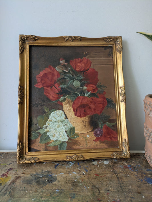 Vintage Still Life Painting Flowers Poppy Floral Bouquet Vase Red Framed Vgc Old