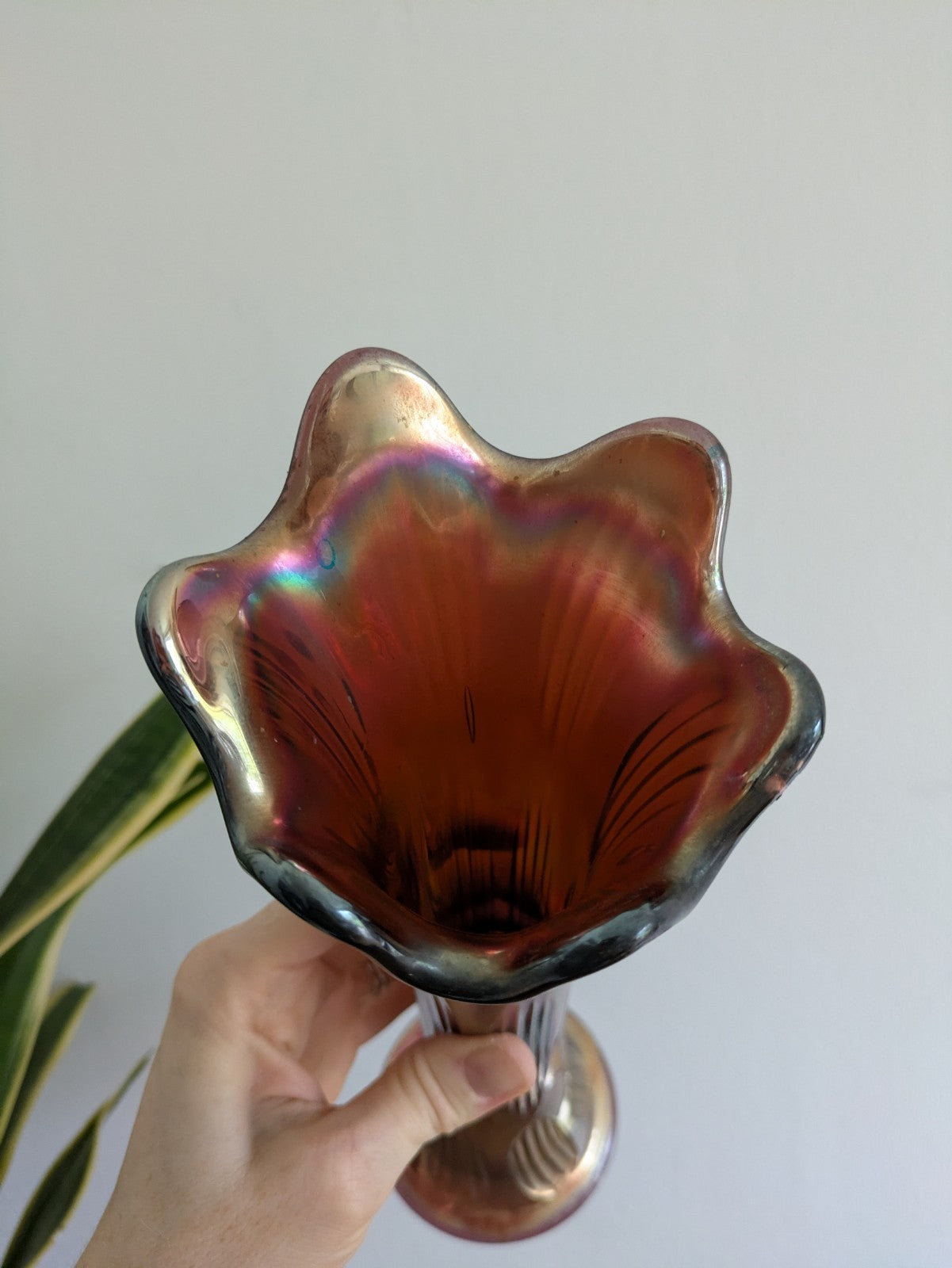 Vintage FENTON 29.4cm H Amethyst Iridescent GLASS Frilled Rim VASE Diamond Rib