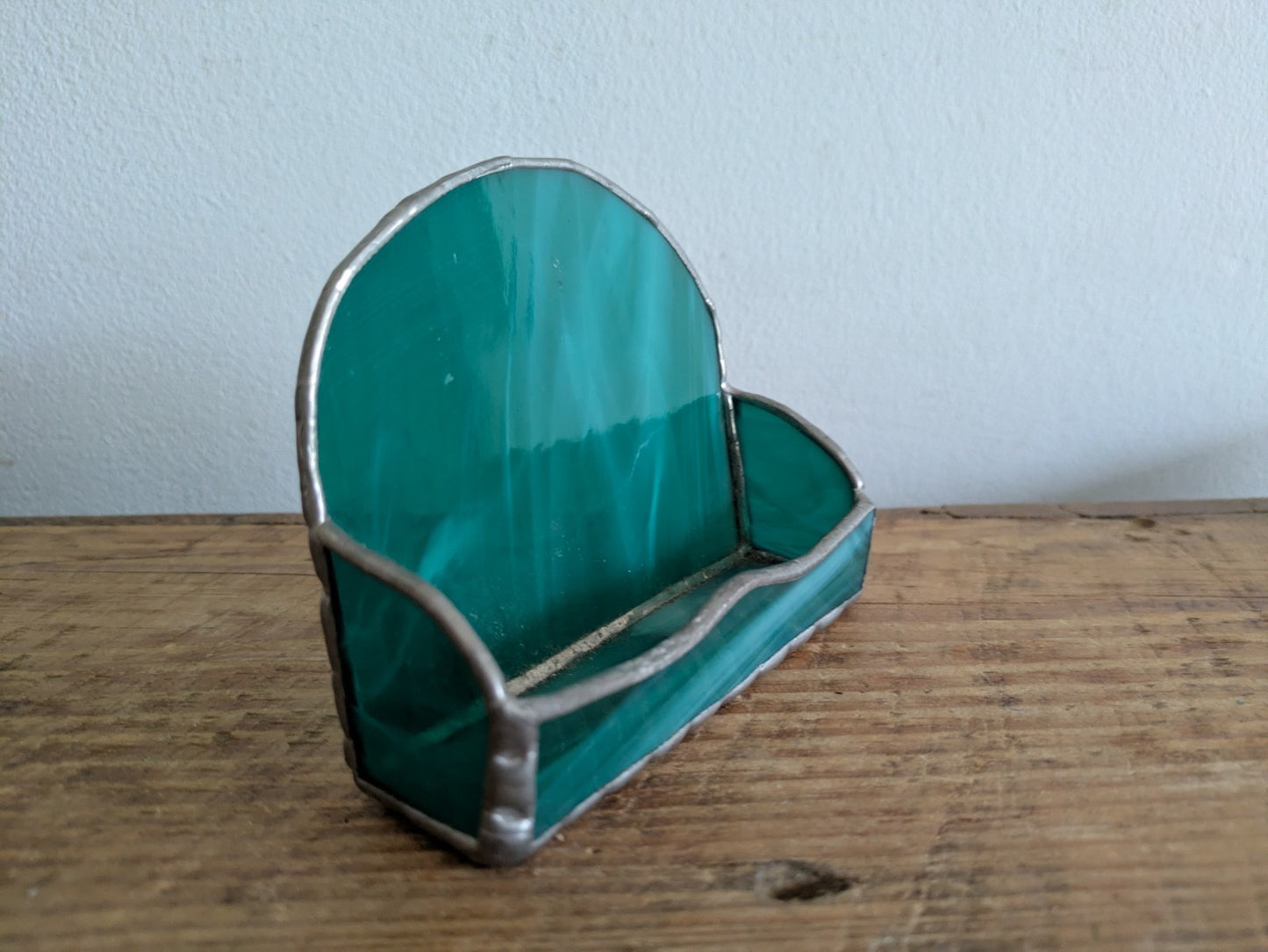 Handmade Stained Glass Business Card Holder Teal Green Leaded Rack Decor Gift 